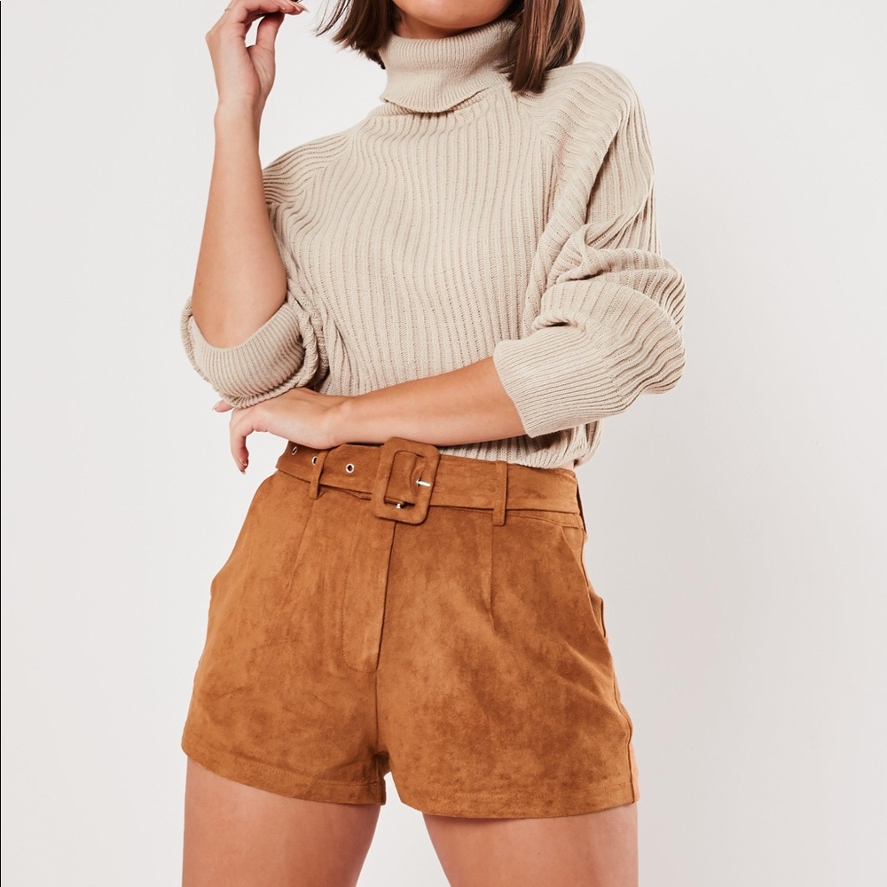 Missguided Camel Faux Suede Belted Shorts